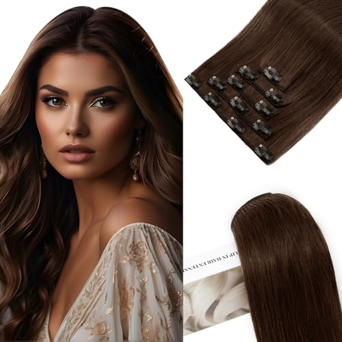 Elailite Clip in Extensions Echthaar, 5 Pcs Remy Haarverlängerung mit 12 Clips, 45cm-70g Glattes Haarteile Natürlich Haarextension für Frauen Damen #4 Mittel braun