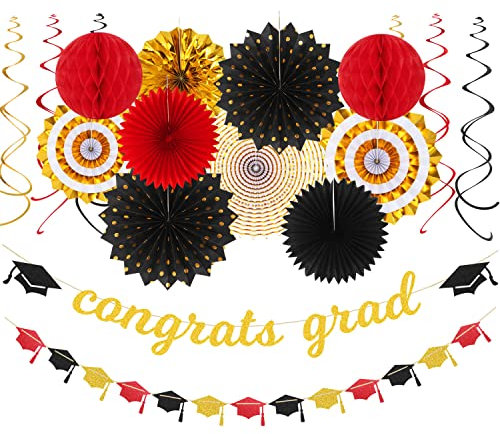 Party-Dekorationen, Abschlussbanner, Luftsprudler – 18-teiliges Set, Girlande mit Aufschrift Congrate Grade, Congrate Grad, Papier-Papier-Pompons, Fächer, Wabenlaternen, Dekoration Panduola