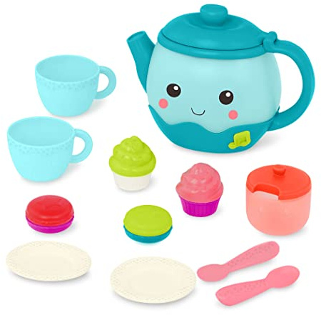 B. toys Musical Tea Party Toy Tea Set with Light-Up Teapot, Pretend Play | 17-Piece Set with light-up musical teapot, 2 cups, 2 plates, 2 spoons, sugar bowl, macarons, cupcakes, Playset, 18+ Months