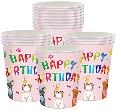 Pink Paw Print Dog Birthday Party Cups - 16pcs Disposable Tableware for Girl Puppy Theme Decor