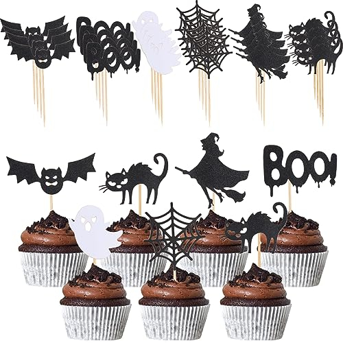 Catelves 24 Stück Tortendeko Halloween Cupcake Toppers Fledermaus Deko, Fledermaus Muffins Deko, Halloween Kuchen Dekoration, Halloweendeko Horror, Halloweendekoration Fledermausthemed Horror Party