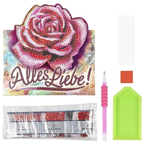 Ideen mit Herz Diamond-Painting-Aufstellkarte | 370 g/m² | 16,3 cm x 16 cm | inkl. Briefumschlag & Werkzeug (Pinke Rose | Alles Liebe)