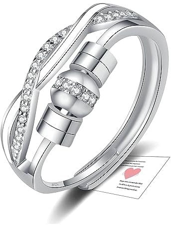 HEEYA Anxiety Ring für Damen Silber 925 Angst Ring mit Zirkonia Offen Verstellbar Anti Stress Ringe mit Perlen Spinner Fidget Ringe Frauen Hypoallergen Stimmungsring gegen Stress Unisex