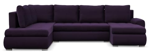 Mebligo - Ecksofa mit Schlaffunktion und Bettkasten Tokio II PRO, 300 cm Breit, Wohnzimmer Eckcouch Ottomane Links, Sofa Velour mit Bettfunktion - Sofa Lila (Kronos 37)