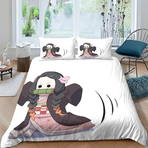 ITOMEN Nezuko Bettbezug Set Für Kinder Mädchen Jungen Bettwäschegarnitur 3D Gedruckter Anime Reissverschluss Und Kissenbezüge Bettwäsche Weich Microfaser 3 Teilig Double(200x200cm)