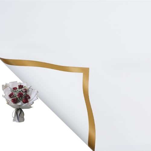 Corkwaw 20 Pcs Gold Edge White Flower Wrapping Paper,Waterproof Valentine's Day Bouquet Wrapping Paper 23x23 Inch Used for DIY Crafts,Gift Packaging,Flower Shop Bouquet Packaging