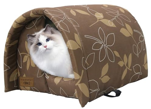 Vinnypet Katzenhöhle Für Draußen Wasserdicht Und Warm | Faltbare Katzenhaus mit Plüschkissen Weich Hundehöhle Tierheim Für Streuner Haustiere 42x31x28cm