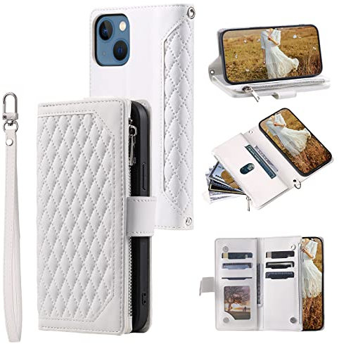 QLTYPRI Wallet Case for iPhone 15(6.1 inch),Luxury Quilted PU Leather Wallet Case with Card Slots for Women,Magnetic Zipper Purse Case with Wrist Strap Kickstand Shockproof Flip Cover-White