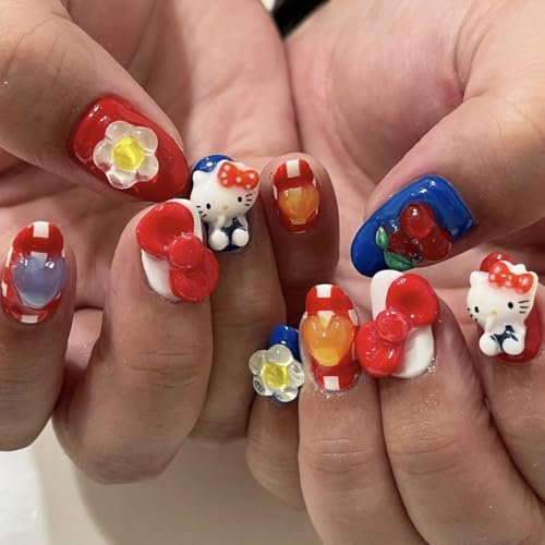 MouyouGlow Press on Nails Kurz,Rund Cute Kawaii 3D Kitty Carton Bow Tie Schleife Herz Blumen Birnen Y2K Coquette Fake Nails mit Nagelkleber,Rot Kariert Gestreift Artificial