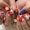 MouyouGlow Press on Nails Kurz,Rund Cute Kawaii 3D Kitty Carton Bow Tie Schleife Herz Blumen Birnen Y2K Coquette Fake Nails mit Nagelkleber,Rot Kariert Gestreift Artificial