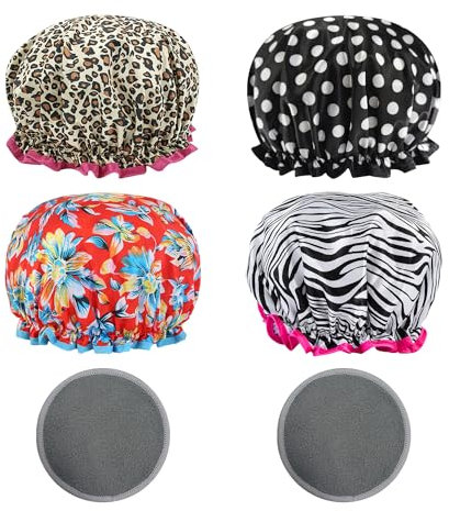 4 Pieces Shower Cap with 2 Fiber Makeup Remover Pads, Printed Shower Cap, Double Waterproof Shower Cap, Long Hair Shower Cap for Women, Suitable for Bathing, Skin Care, Cooking (29cm)