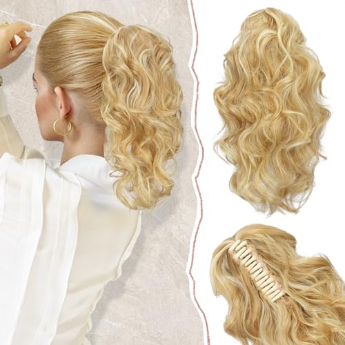 Sofeiyan Ponytail Extension, Claw Clip in Ponytail Hair Extensions 13 Inch Curly Pony Tail Extension Natural Wave Synthetic Clip in Hairpiece for Women, Light Brown Mix Bleach Blonde