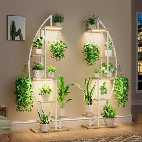 BACEKOLL 63 Metal Plant Stand Indoor With Grow Lights - 6 Tiered Tall Shelf for Multiple Plants, Half-Moon Rack Display, Holder for Living Room, Patio - White