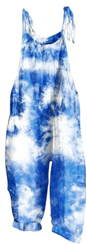 AMhomely Women's Jumpsuits & Playsuits Vintage Dungarees Tie-dye Floral Print Casual Overalls Trousers Harem Leg Romper Pants Adjustable Strap Baggy Jumpsuits Retro Bib Trousers Workwear Blue XXL