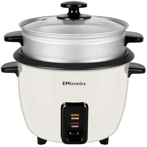 EMtronics EMRCDSTCR1-8 Rice Cooker 1.8 Litre with Automatic Cooking, Steamer Tray and Warmer Function with Removable Non-Stick Bowl, Measuring Cup and Spatula 700W - Cream