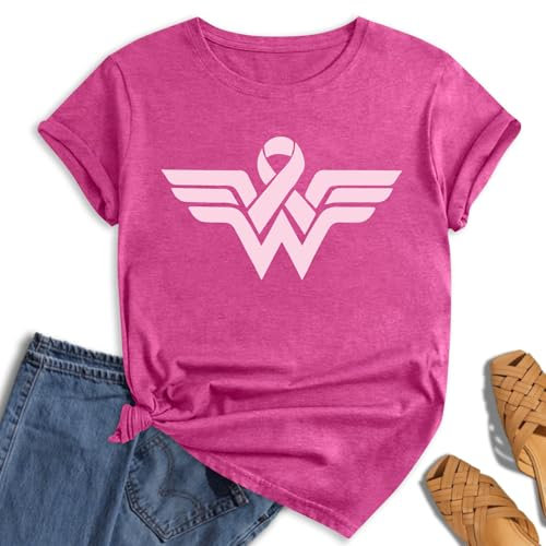 hohololo Tee-Shirt Octobre Rose pour Femme Cancer du Sein Octobre Rose Ruban T-Shirt,Rose-E,L
