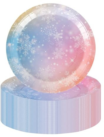 PHUNAT Pink Paper Plates, Pack of 50 9'' Gradient Color Party Plates,Purple Birthday Party Plates,Dinner Paper Plates,Snowflake Party Supplies Decor for Winter Holiday Xmas Frozen Party