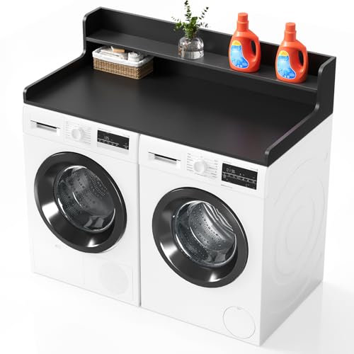 SpaceAid Washer Dryer Countertop with 2-Tier Shelf, Wood Topper with Edge, 54 Width x 27.5 Depth Cover Organizer Guard for Washer and Dryer Counter Laundry Hamper Storage (Black)