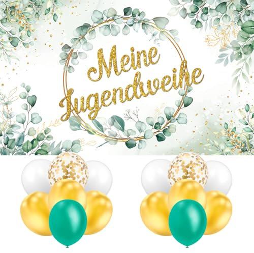 MQIAN Jugendweihe Deko Set: Banner, Girlande, Luftballons für Jungen und Mädchen - Gold, Grün, 18 Stück