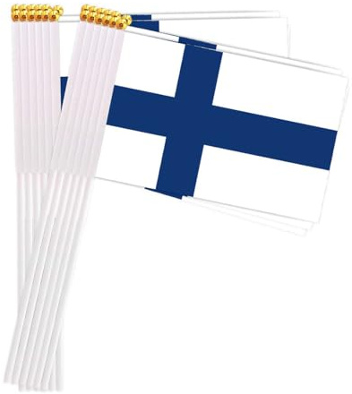 25 Packungen kleine Finnland Flaggen auf Handheld Stick, Miniatur Finnisch Flagge, 4x6 Zoll Mini Hand gehalten Banner mit goldenen Topper(Finland)