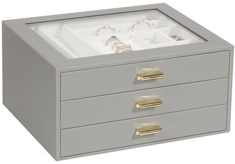 KILHS Schmuckkästchen,Schmuckaufbewahrung mit Glasdeckel,Schmuckkasten mit 3 Ebenen,für Ohrringe,Armbänder,Halsketten,3 Schubladen,schmuckschatulle,grau