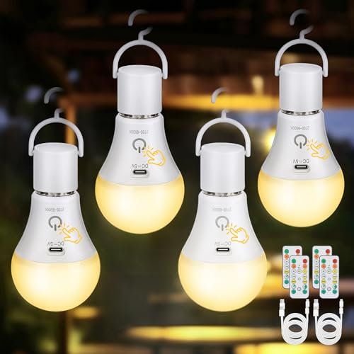 Kimjo Bombilla Recargable USB con Mando - Bombilla Inalámbrica sin Electricidad E27 7W 3 Color Regulable - Bombilla sin Punto de Luz Control Táctil con Temporización - Luz de Emergencia 4 Pack