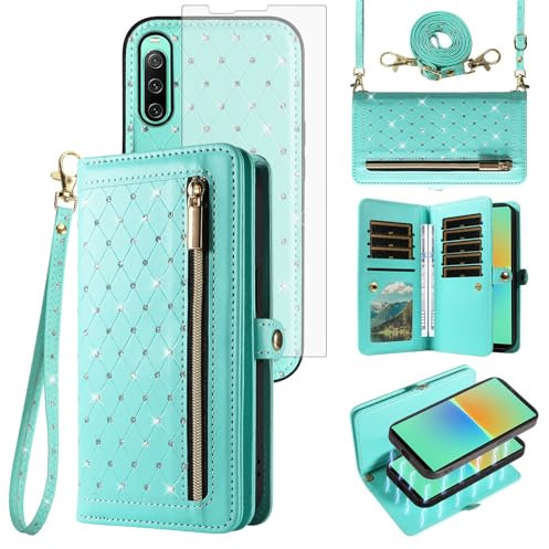 Phone Case for Sony Xperia 10 VI Zipper Wallet Detachable Magnetic Cell Cover and Screen Protector Crossbody Lanyard Strap Bling Glitter Flip Credit Card Holder Slots 10VI 5G XQ-ES72 Women Girls Teal