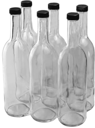 FastRack 750 ml Clear Bordeaux Wine Bottles - 6 Pack with 12 Black PLASTIC caps - Flint Flat-Bottomed Glass Bottles Ideal for Wine Making and Storage