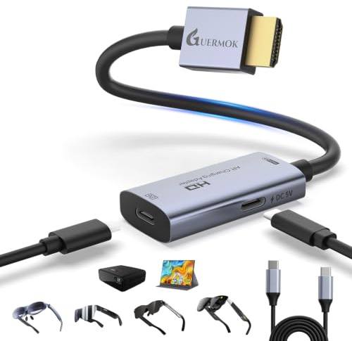 Guermok HDMI auf USB-C Display Adapter für AR-Brille 1,5 Meter 4K60Hz DC5V | AR Glasses Adapter mit Ladefunktion Kompatibel mit XREAL/RayNeo/Rokid, Switch 2/1, Xbox1, PS 5/4 und USB-C-Monitoren Silber