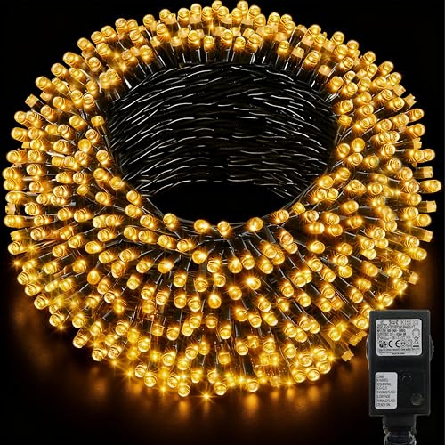 DBFAIRY 20M Lichterkette Außen, 200 LED Lichterkette Weihnachtsbaum mit 8 Modi Timer Stecker, Weihnachtsbeleuchtung Dunkelgrünes Kabel Wasserdicht für Weihnachten Garten Deko-Warmweiß