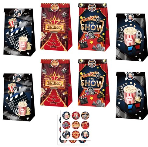MORAINJAY 12 Stück Film Papiertüten, Kino Themen Party Geschenktüten, Kindergeburtstag Geschenkbeutel, Party Mitgebsel, Gastgeschenke, 22x12x8cm, mit 18 Aufklebern