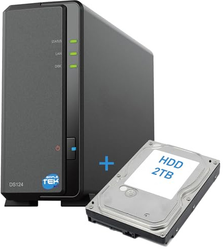 SIMPLETEK - NAS-Netzwerkspeichergerät mit 1 Fach mit 2 TB SATA 3,5″ HDD - Gigabit-Ethernet, 1 GB RAM, USB 3.2, - Schwarz (Generalüberholt)