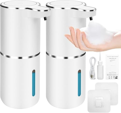 2 Pack Automatic Soap Dispensers, 12.8 oz / 380 ml Touchless Foaming Soap Dispenser Wall Mount Soap Dispenser 4-Level Adjustable USB Rechargeable for Bathroom Kitchen Hotel Restaurant (White)