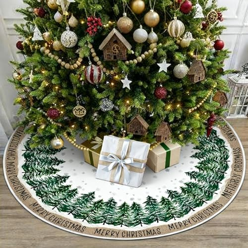 Weihnachtsbaum Decke 120cm,Grün Weihnachtsbaumdecke Rund Christbaumdecke Grün Weihnachtsbaum Rock mit Kiefern Schneeflocken Weihnachten Tannenbaum Decke für Urlaub Party Weihnachtsdeko