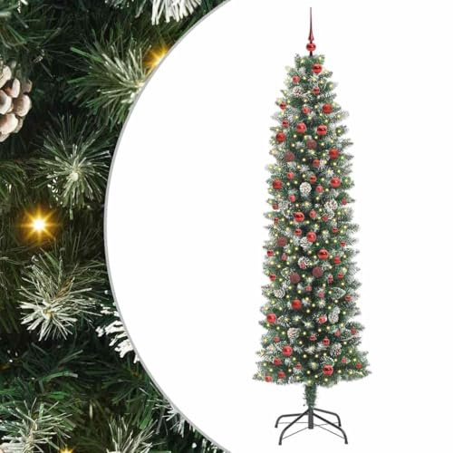 vidaXL Albero di Natale Artificiale Sottile Verde e Bianco 210 cm, Albero Slim Artificiale, Decorazione Natalizia a Forma di Cono, Ideale per Interni ed Esterni, Risparmio di Spazio