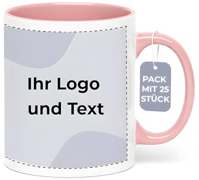 Cimpress Tazas personalizables con foto y texto (lote de 25), 325 ml, Rosa, tazas de café personalizadas con nombre, tazas corporativas con logotipo propio, regalo de empresa, compañero de trabajo