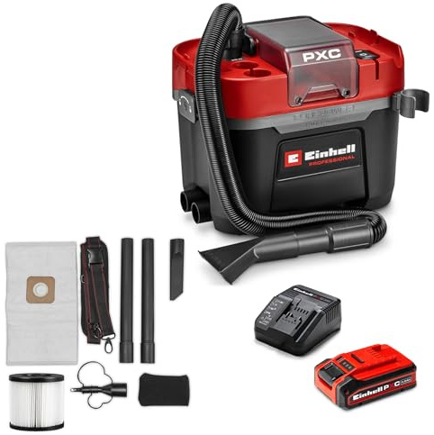 Einhell Professional Akku-Nass-Trockensauger TP-VC 18/10 Li BL L PXC (18 V, Brushless, 10-L-Behälter, 2 Saugstufen, inkl. Faltenfilter, Saugdüsen, 4,0 Ah PXC Plus Akku, Ladegerät)