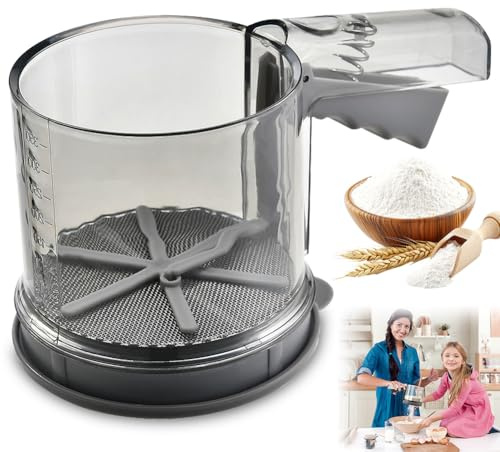 Mehlsieb mit Doppel‑Edelstahl‑Sieb, Puderzuckerstreuer aus PP‑Kunststoff | Lebensmittelecht, ergonomischer Griff, platzsparend, geeignet für Mehl, Puderzucker, Gewürzpulver zum Backen