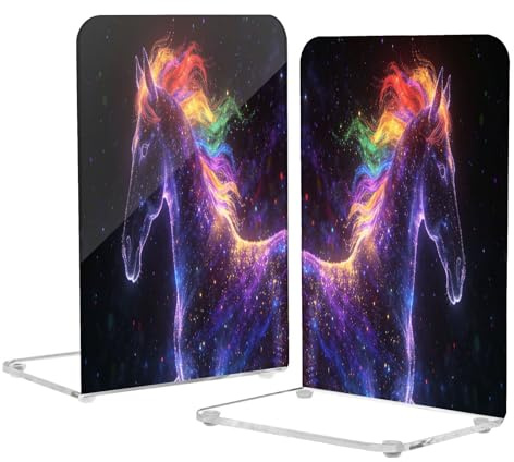 Loancwa Lot de 2 serre-livres en acrylique, motif cheval coloré, support de livre transparent, 13,7 x 10,4 x 20,6 cm