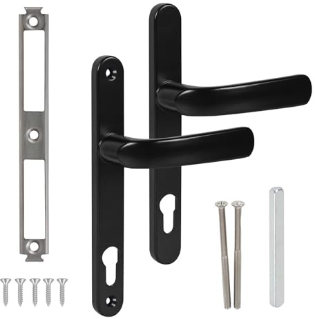 1 Set UPVC Door Handles Set - 92mm PZ (Centres), 195mm Screw Hole Distance with Backplate 220mm, Black Door Handles External Door Handle Replacement for UPVC, PVC, PVCu Doors (195mm Screw Center)