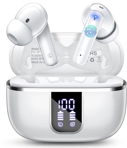 Wireless Earbuds, Bluetooth 5.4 Headphones with 4 Noise Cancelling Mic, 46H In-Ear Buds with 3D Bass Stereo Sound, Small Ears, LED Display, Calls Sports Workout, IPX7 Earphones for Android iOS. White