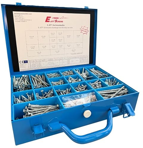 E-JET® Sortimentskoffer, Schrauben mit 17 Abmessungen + Jetta®-Bit, Senkkopf mit ISR, blau verzinkt