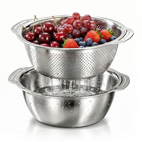 2Pcs Colander & Mixing Bowl Set 27cm Stainless Steel Strainer with Handles | Stackable ALifting Support Legs, Dual Handles, Stainless Steel Construction, Three-In-One Design, Dishwasher Safe