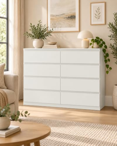 Amveya Kommode 120 cm mit 8 Schubladen Weiß Moderne Schubladenkommode | Sideboard Wohnzimmer mit viel Stauraum für Kleidung Flur Büro Eingangsbereich platzsparender Aufbewahrungsschrank