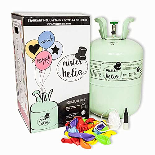 Bonbonne d'hélium jetable Mister Helio + 25 ballons en latex. La bouteille d'hélium la plus molone