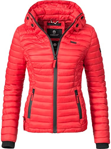 MARIKOO leichte Damen Übergangsjacke kurz mitteldick gefütterte Steppjacke mit Kapuze Samtpfote Rot Gr. XXL