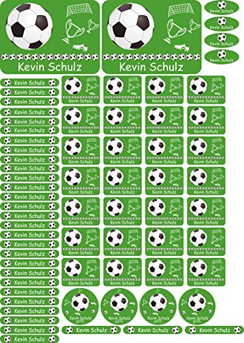 Namensaufkleber Kinder Schule Fußball - A4-Bogen - 69 Sticker - Namensschilder selbstklebend - Aufkleber selbst gestalten - Kindergarten, KITA, Brotdose, Bücher, Federmappe, personalisiert