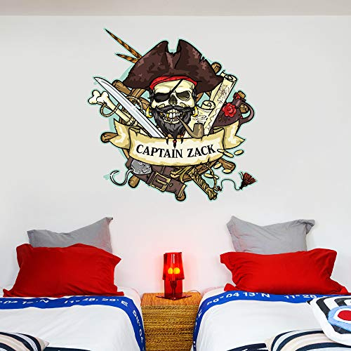 Beautiful Game Piraten-Wandaufkleber, personalisierbar, Name Totenkopf, Pirat, Schlafzimmer, Kunstaufkleber, Wandbild für Kinder, 40 cm Höhe x 40 cm Breite