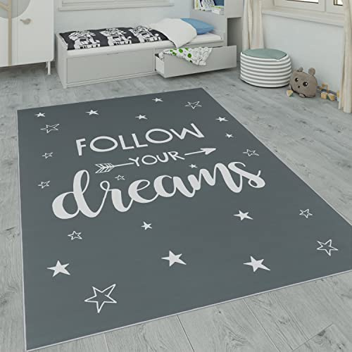 Paco Home Kinderteppich, Kinderzimmer Teppich m. Stern, Mond u. Karo Motiven, Grösse:140x200 cm, Farbe:Anthrazit