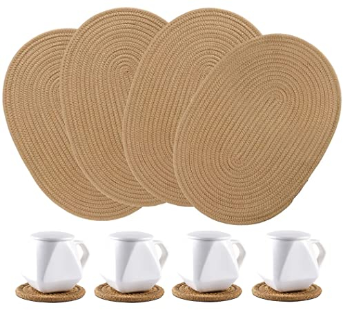 WENFOME 4 Stück ovale gewebte Jute-Tischsets und Set mit 4 runden Stoffuntersetzern, geflochtene Baumwoll-Tischsets, Esstischmatte, hitzebeständige Topflappen, 30,5 x 40,6 cm, waschbare Tischsets